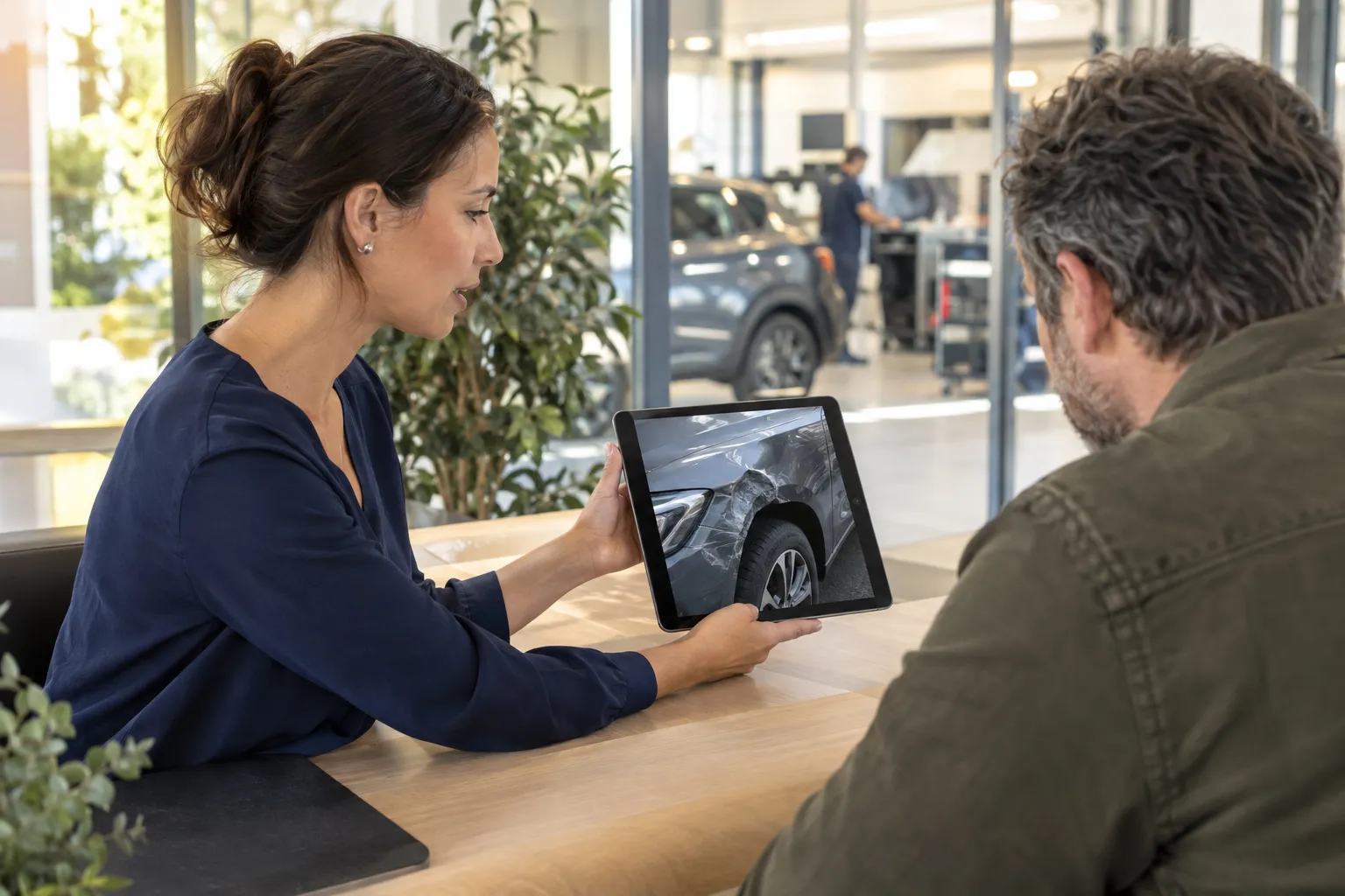 À l'accueil, une conseillère tourne une tablette vers un client pour lui présenter le devis, atelier visible derrière la vitre.