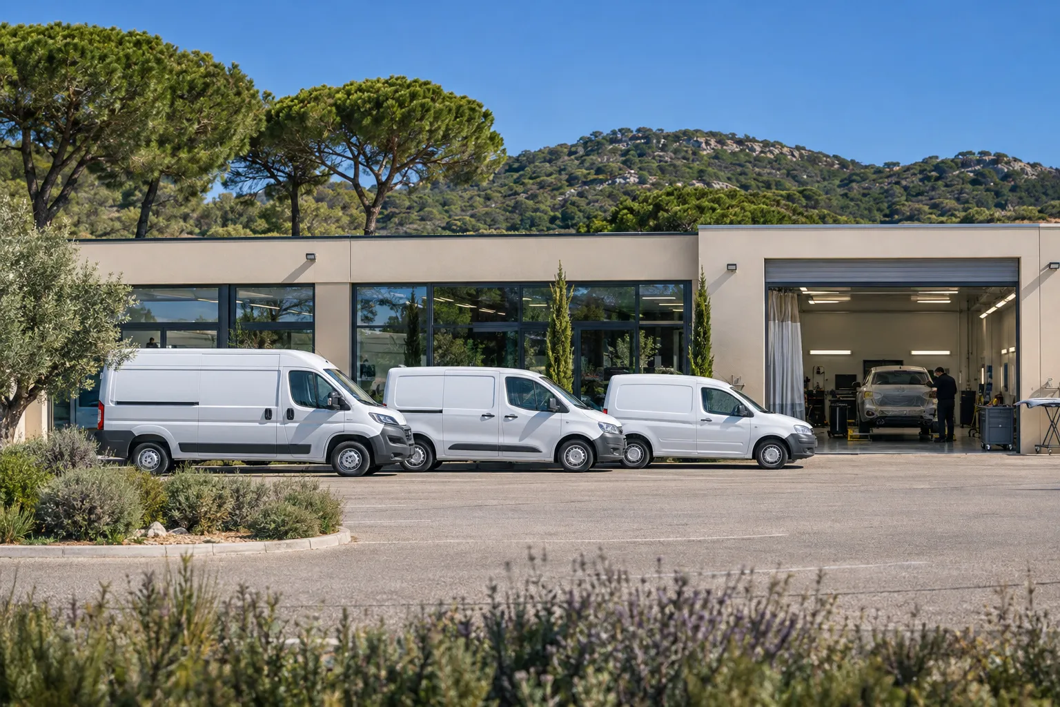 Parking d'une zone d'activité provençale : locaux commerciaux modernes, quelques véhicules garés en ligne, pins parasols et des collines de garrigue en fond.